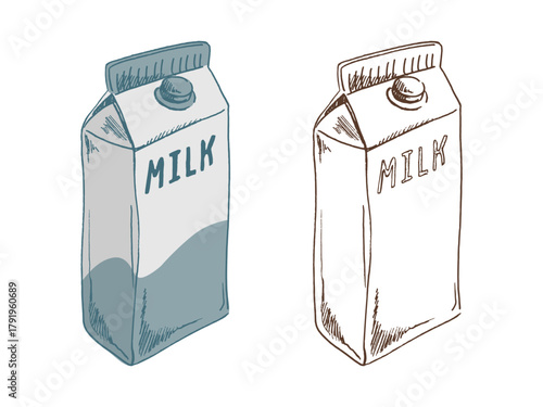 Hand drawn vintage sketch of milk carton in color and monochrome version, isolated vector illustration