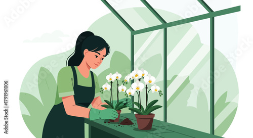 Girl tending to elegant orchids in a bright greenhouse, promoting growth