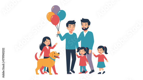 Family Celebration: A loving family, including parents, children, and a friendly dog, gathers together, holding balloons that represent joy. A heart warming scene of unity and togetherness.