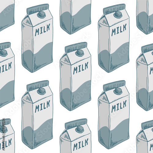 Hand drawn vintage seamless pattern of milk carton boxes in soft blue pastel color with retro dairy packaging illustration