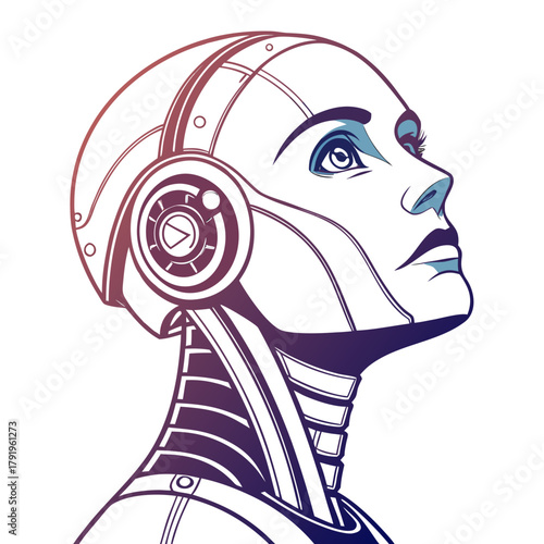 Illustration of a futuristic female cyborg, a blend of human and machine, looking up with a sense of wonder, in vector format