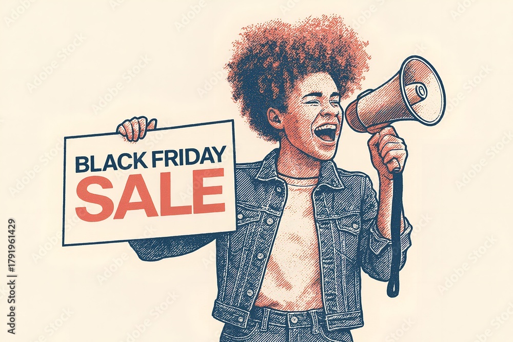 custom made wallpaper toronto digitalYoung woman holding megaphone and Black Friday Sale sign, shouting about special offers.
