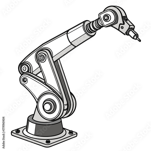 Illustration of a robotic arm, showcasing industrial automation and precision engineering, ideal for illustrating manufacturing processes and technological advancements in robotics