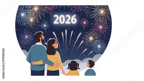 Family Celebration with Fireworks: A family, stands together to celebrate the new year, filled with hope as fireworks burst into colorful patterns in the night sky.