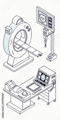 Isometric illustration of a ct scanner, monitor, and examination table modern medical equipment for diagnostics and treatment in a hospital or clinic
