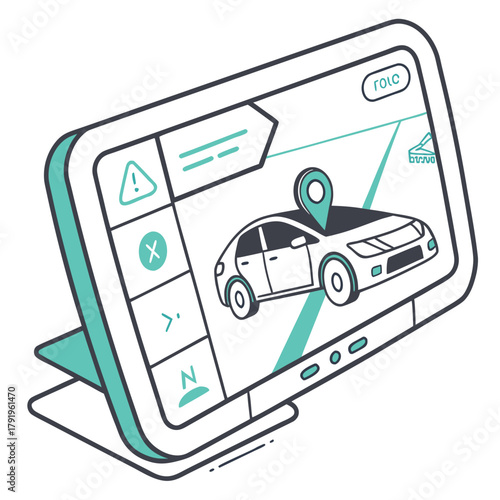 Isometric illustration of a car navigation system with a map and location pin on the screen, showcasing modern technology and convenience