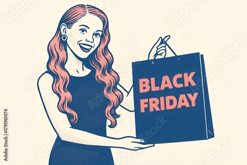 Wallpaper Mural Smiling woman holding a Black Friday shopping bag, showcasing her retail purchases and deals. Torontodigital.ca