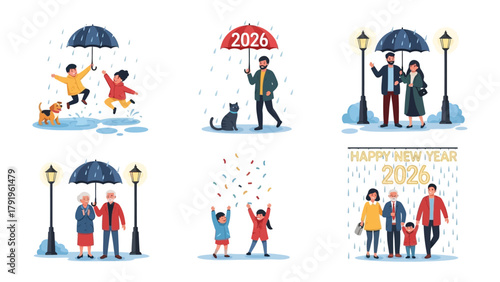 New Year's Celebration Under Umbrella: A collection of diverse scenes depicts various family members and friends celebrating the New Year in a festive, rainy setting.