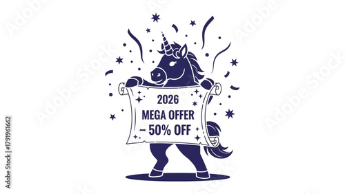 Mega Offer Unicorn: A charming unicorn presents a scroll bearing a mega offer, embodying magical deals and fantastic discounts.