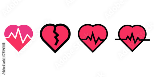 Set of Four Heart Icons Healthy Pulse Broken Heart and Flatline ECG for Cardiology or Relationship Concepts