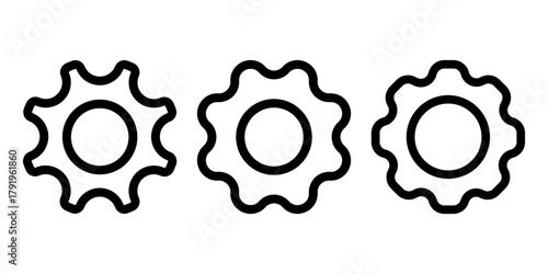 Minimalist Line Art Icons Set of Three Wavy Gears for Settings Process and Configuration Concepts