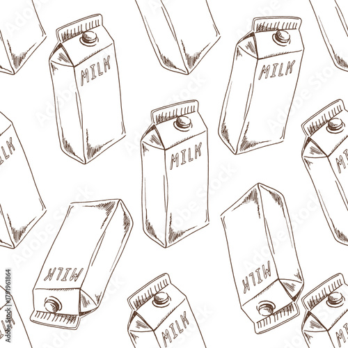 Hand drawn vintage seamless pattern of milk carton boxes in monochrome brown line art retro dairy packaging illustration