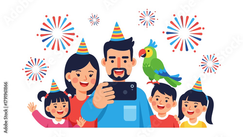 Family Celebration: A joyous family, united in celebration, takes a cheerful photo, complete with festive hats, a vibrant parrot, and colorful fireworks, symbolizing togetherness and shared happiness.