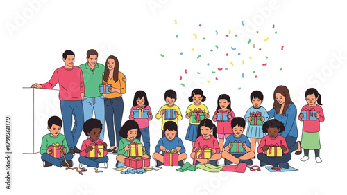 Joyous Gift-Giving: A group of children, each holding a beautifully wrapped present, are surrounded by two adults creating a scene of happy smiles and anticipation.