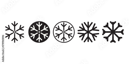 Set of Black and White Snowflake Icons Representing Freezing Cold and Temperature Control Symbols