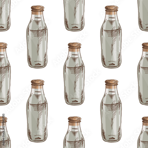 Hand drawn vintage seamless pattern of glass milk bottle with cork lid in soft neutral pastel colors