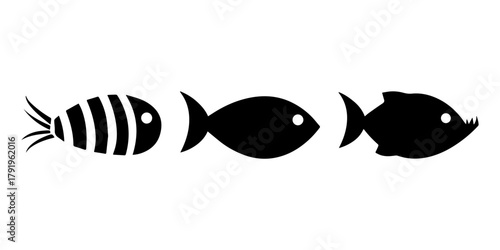 Three Black Fish Silhouettes in a Row Showing Evolution or Food Chain Concept