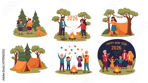 Camping adventure in 2026: Festive moments capturing people enjoying camping in 2026. Different family enjoy their moments with outdoor tent, campfire and happy moments.