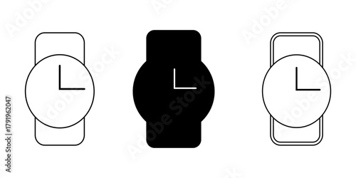 Set of Three Watch and Time Icons Outline Solid Black and Modern Smartwatch Style