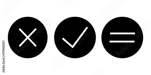 Minimalist Black and White Icons Incorrect Correct and Equals Symbols for UI Design