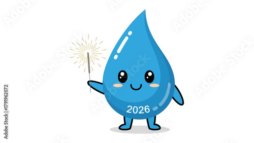 Animated Water drop Illustration: A cheerful, animated water drop character, bearing the year 2026, holds a sparkling wand, symbolizing hope and environmental optimism.