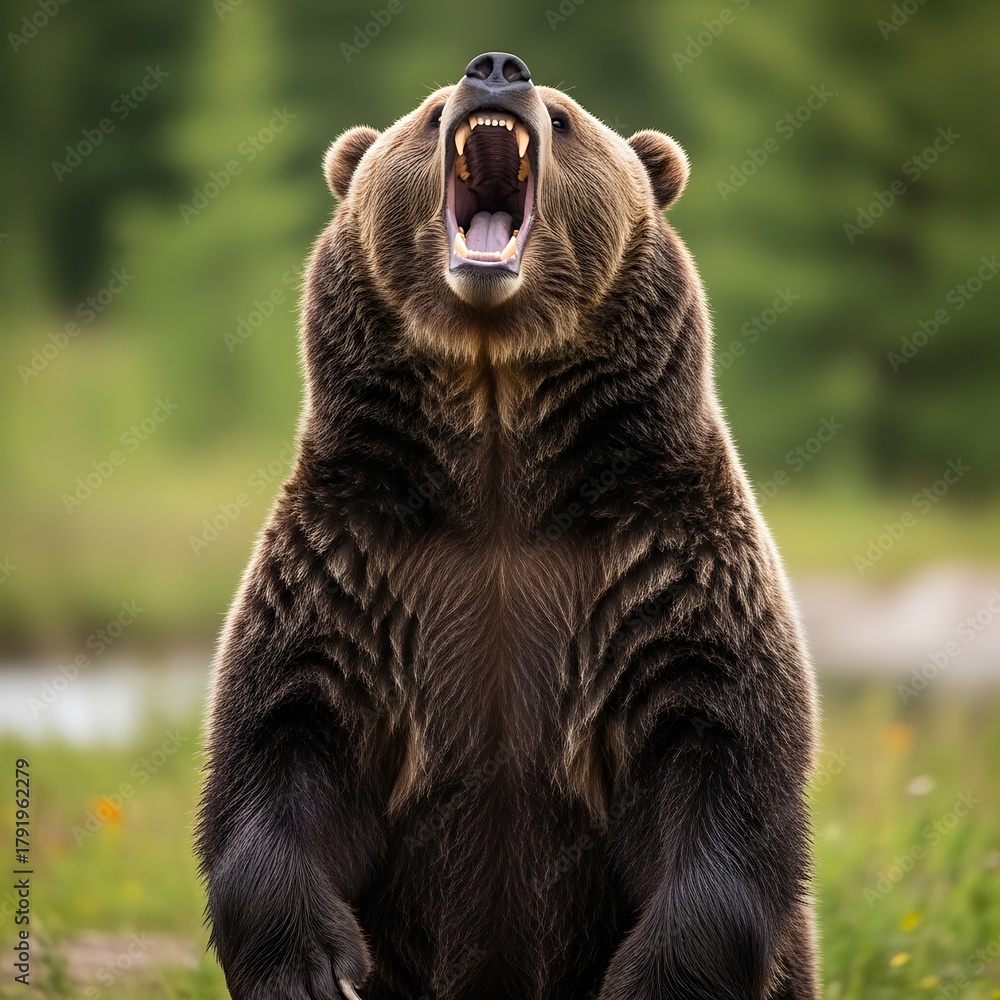 Obraz premium Roaring Grizzly Bear Standing Tall in a Natural Habitat.