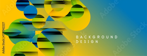 Abstract geometric shapes overlap, creating vibrant color gradients. Yellow transitions into blue, forming dynamic background design.