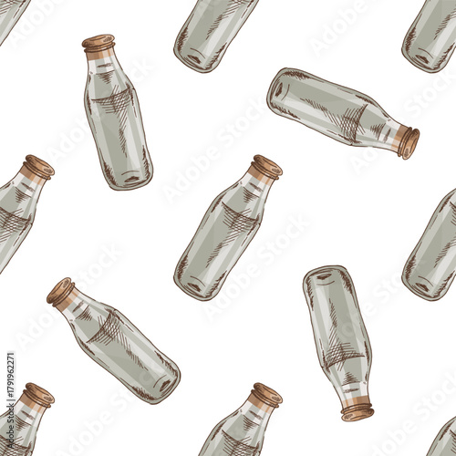 Hand drawn vintage seamless pattern of glass milk bottle with cork lid in soft neutral pastel colors