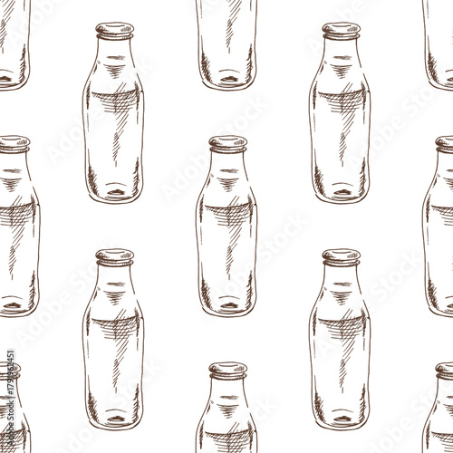 Hand drawn vintage seamless pattern of monochrome glass milk bottle outline with rustic sketch style illustration