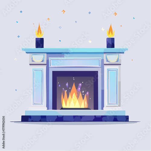 A cozy, stylized illustration of a fireplace with a warm fire burning and two lit candles on the mantelpiece, creating a comforting atmosphere.
