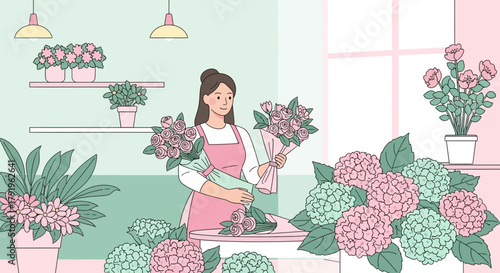 Charming cartoon illustration of a florist working in a whimsical flower shop