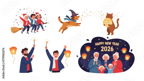 Happy New Year 2026 Celebration: Charming illustrations depict festive scenes of the New Year, full of joy and tradition. Including characters, cats, dogs, and families.