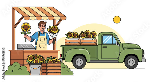 Illustrative farmer selling sunflowers at stall next to truck full of blooms