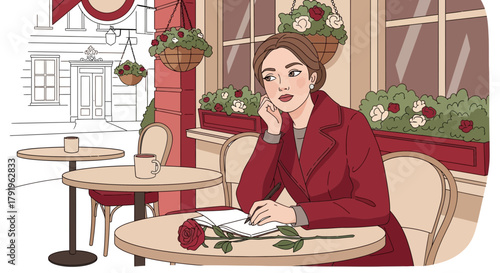 Pensive woman writing in a notebook at an outdoor cafe with a rose on the table