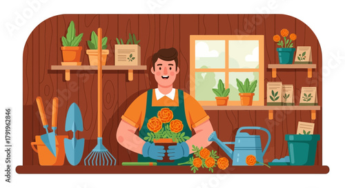 Illustrative Gardener in Shed with Orange Flowers and Assorted Gardening Tools