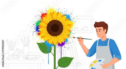 Illustrative depiction of an artist painting a vibrant sunflower with colorful splashes