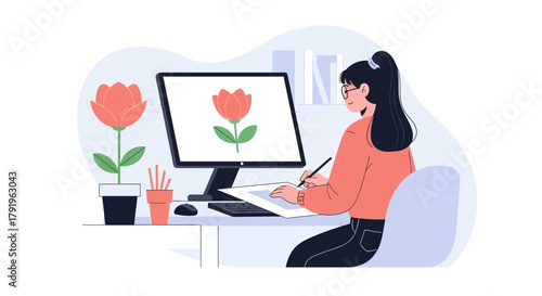 Female graphic designer creating digital artwork with a flower theme at desk