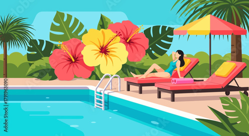 Serene poolside retreat featuring tropical hibiscus and relaxation under an umbrella