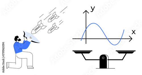 Person blocking cyber threats with shield labeled DDoS, graph depicting mathematical curve, scales for balance, security. Ideal for cybersecurity, data visualization, defense strategy, analytics