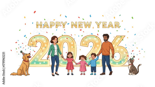 New Year Family Celebration: A joyous family stands united, celebrating the arrival of the new year with confetti and decorations, embracing hope and happiness together.