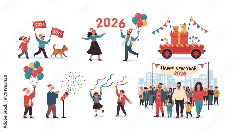 Obraz premium New Year 2026 Celebration: A vibrant illustration depicts a series of festive scenes, capturing the joyous spirit of a new year celebration, complete with cheerful people, balloons, confetti.