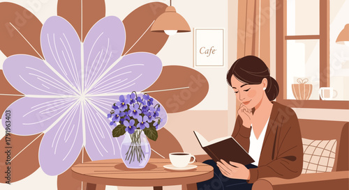 A serene woman enjoying a book in a cozy cafe setting with floral decorations