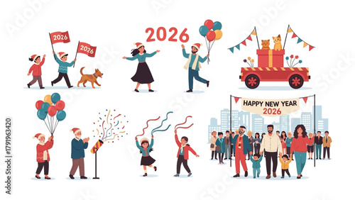 New Year 2026 Celebration: A vibrant illustration depicts a series of festive scenes, capturing the joyous spirit of a new year celebration, complete with cheerful people, balloons, confetti.