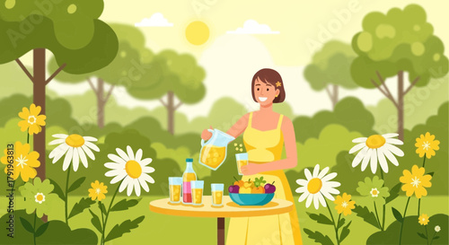 Charming illustration of woman pouring juice in a summery meadow picnic scene