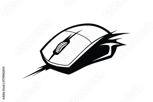 Black and white computer mouse flat illustration with a scroll wheel and cord