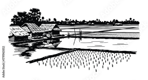 Black and white drawing of traditional rural asian landscape with houses water and rice paddies