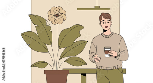 Illustration of a man with coffee near a plant in a cozy indoor setting