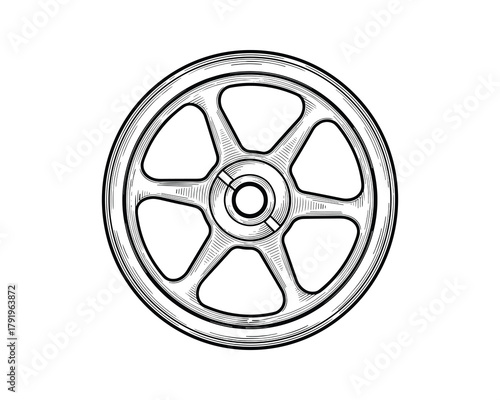 Black and white engraving style illustration of a mechanical industrial pulley wheel element