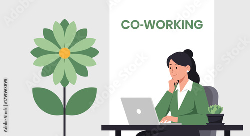 Green co-working space with a floral design and thoughtful woman at her desk