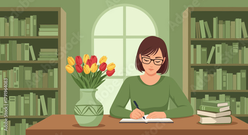 Woman immersed in writing at her desk amidst a peaceful, book-lined room